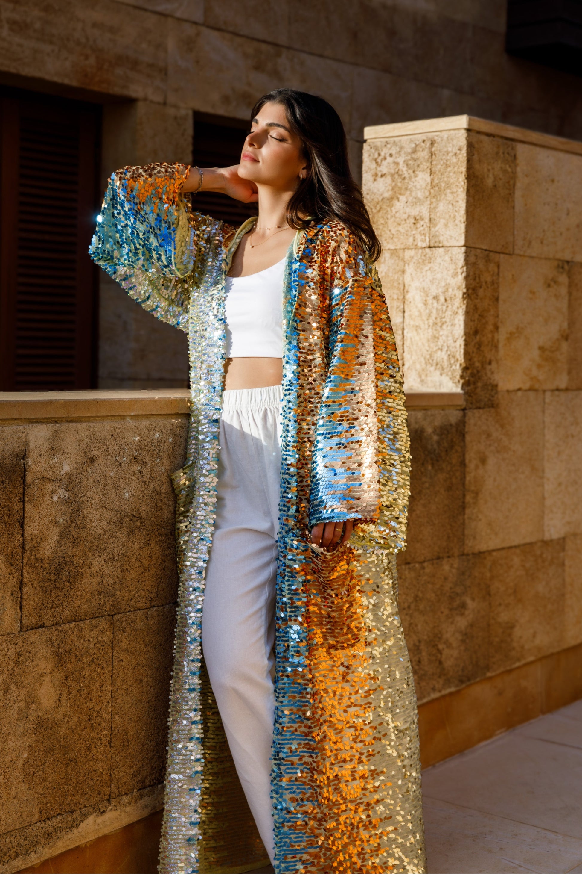 Sunrise Kiss Sequin Kimono: Blue Gold Shimmering Robe for Glamorous Evenings Sunrise Kiss Sequin Kimono: Blue Gold Shimmering Robe for Glamorous Evenings